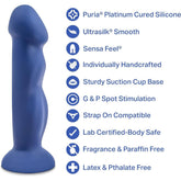 The Avant D12 8" Silicone Dildo - Suko Indigo by Avant, a blue body-safe silicone toy with a sturdy suction cup base, features artisanal craftsmanship, smooth texture, G & P spot stimulation, strap-on compatibility, and is easy to clean.